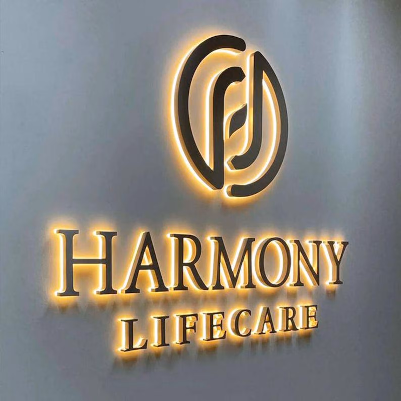 Halo-lit logo and wordmark on grey wellness studio wall